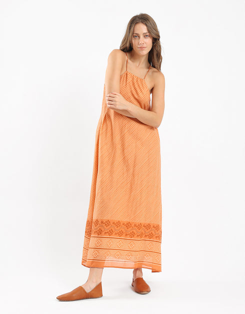 Printed voile long dress with a halter neckline