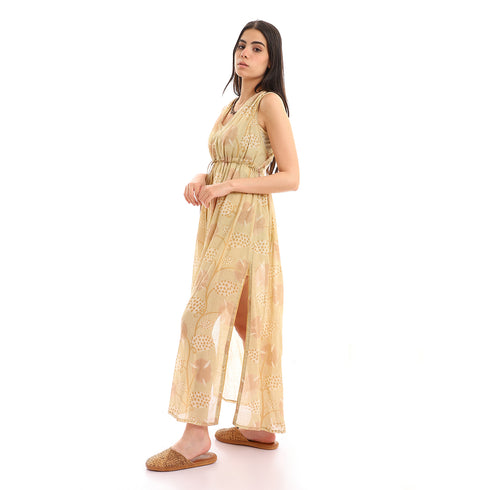 Printed gauze long dress with open back