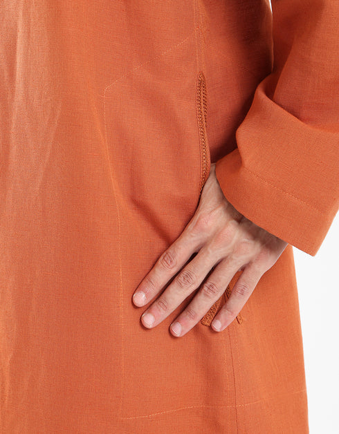 Long linen jellabiya with round neckline with slits