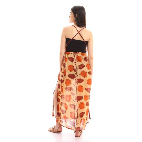 Printed gauze long dress with open back