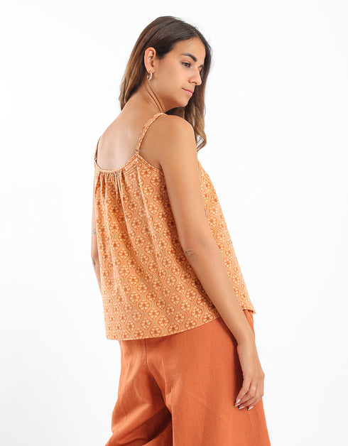 Printed tank top with thin adjustable straps