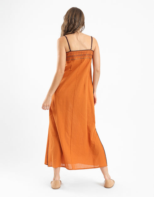 Adjustable embroidered long cotton dress