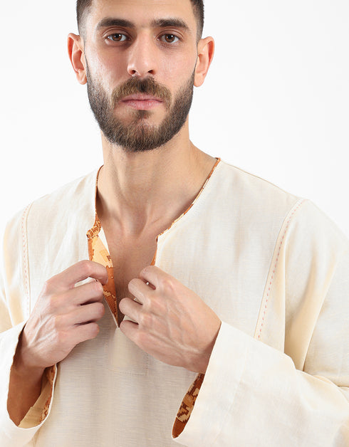 Long linen jellabiya with round neckline with slits