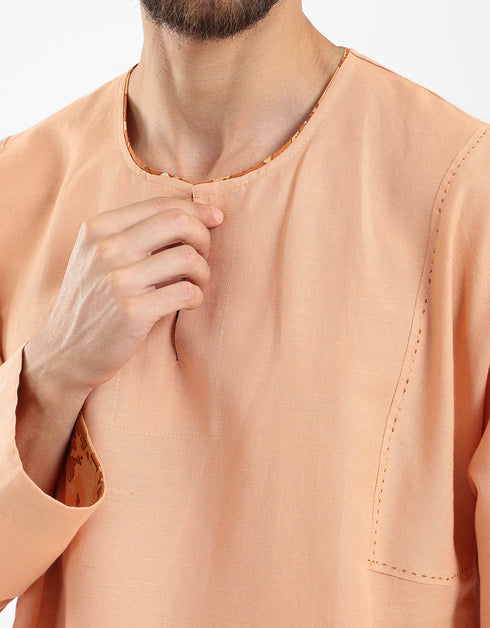 Long linen jellabiya with round neckline with slits