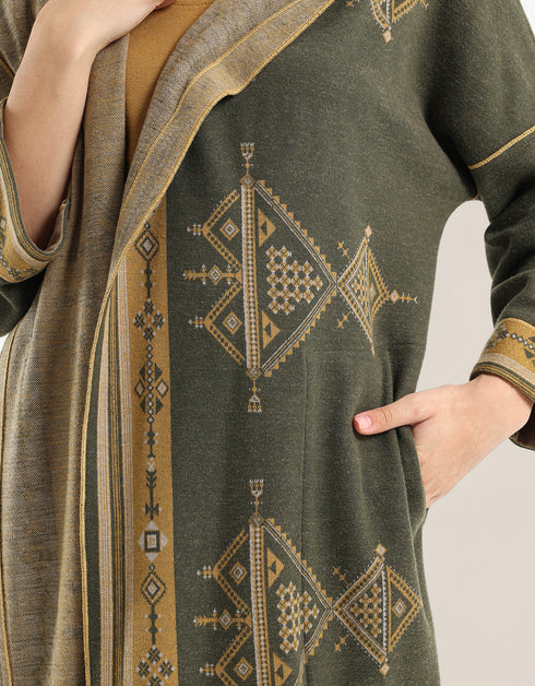 Doubleface long coat in patterned jacquard with hoodie
