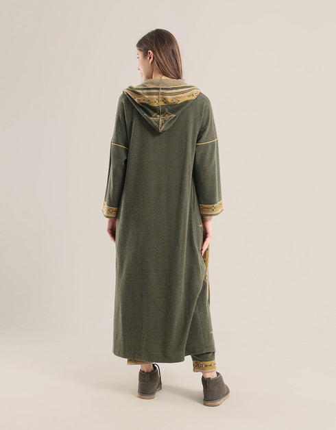 Doubleface long coat in patterned jacquard with hoodie