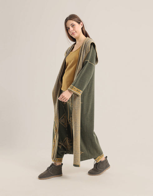 Doubleface long coat in patterned jacquard with hoodie