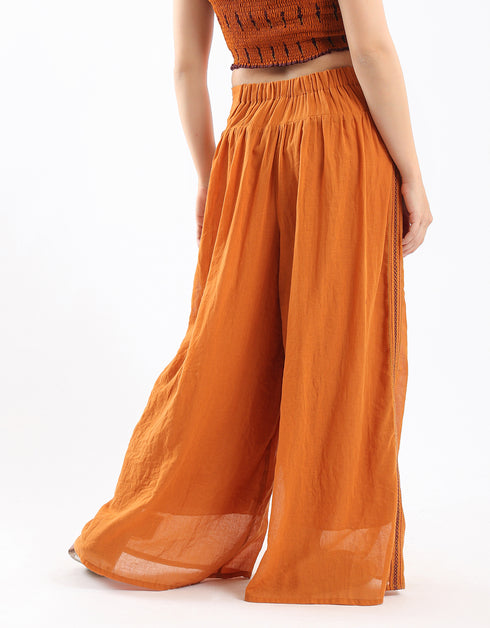 Wide leg drape waistline pants with embroidery