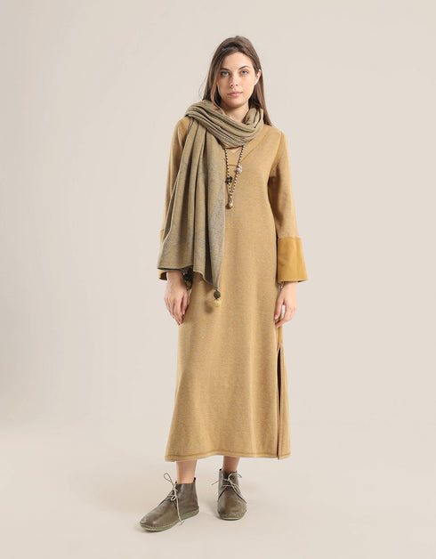 Reversible long aline dress with V neckline and embroidery on sleeves