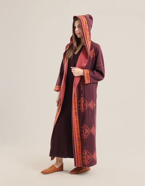 Doubleface long coat in patterned jacquard with hoodie