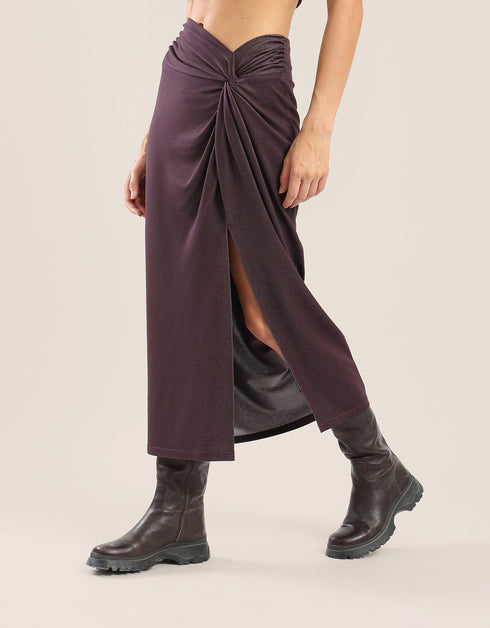 Metallic stitching jersey skirt with front draping and knot