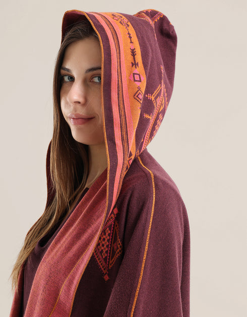 Doubleface long coat in patterned jacquard with hoodie