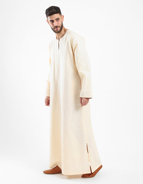Long linen jellabiya with round neckline with slits