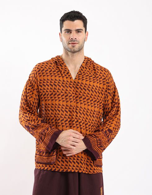 Printed cotton hooded gauze shirt with two front puff pockets.