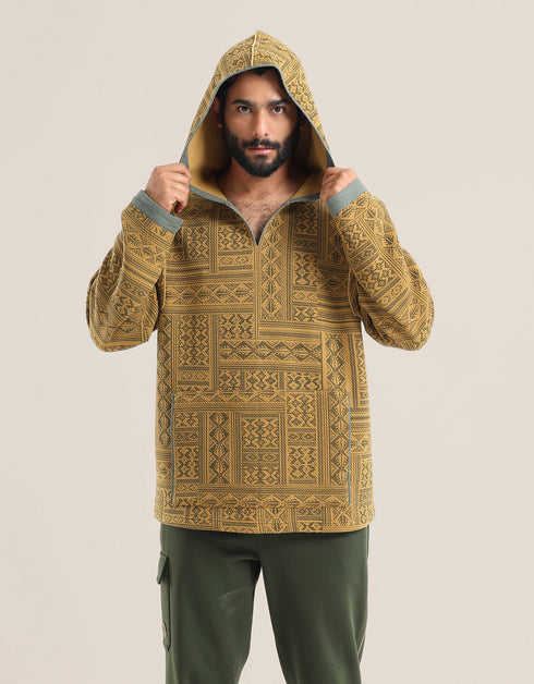 Hooded sweater in printed quilted cotton blend