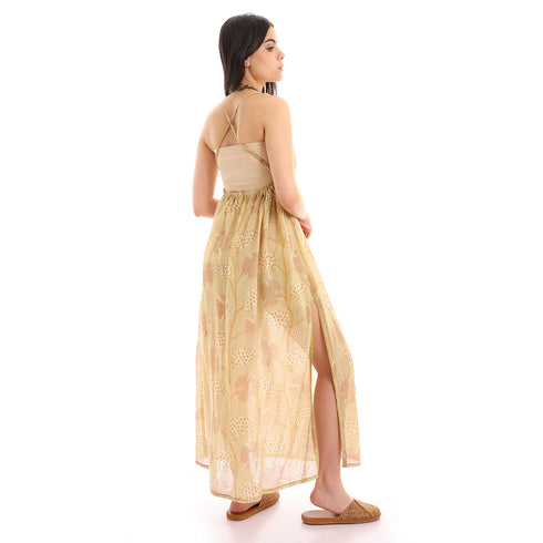 Printed gauze long dress with open back