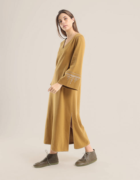 Reversible long aline dress with V neckline and embroidery on sleeves