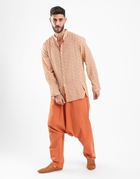 Shirt in cotton printed gauze with stand up collar