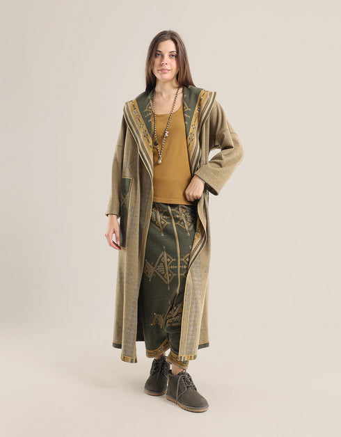 Doubleface long coat in patterned jacquard with hoodie