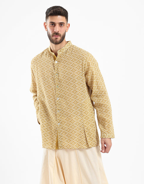 Shirt in cotton printed gauze with stand up collar