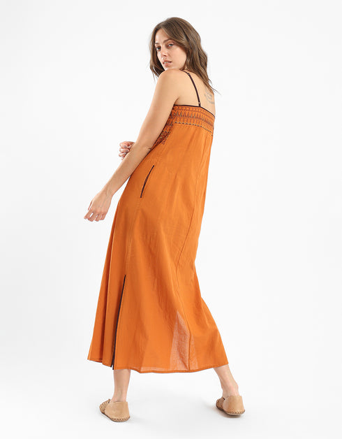 Adjustable embroidered long cotton dress