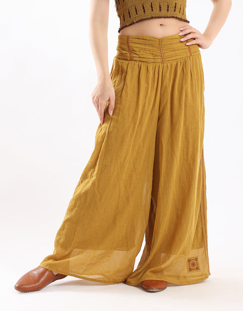 Wide leg drape waistline pants with embroidery
