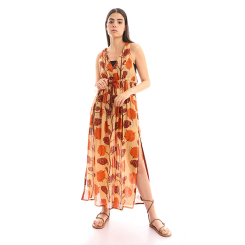 Printed gauze long dress with open back