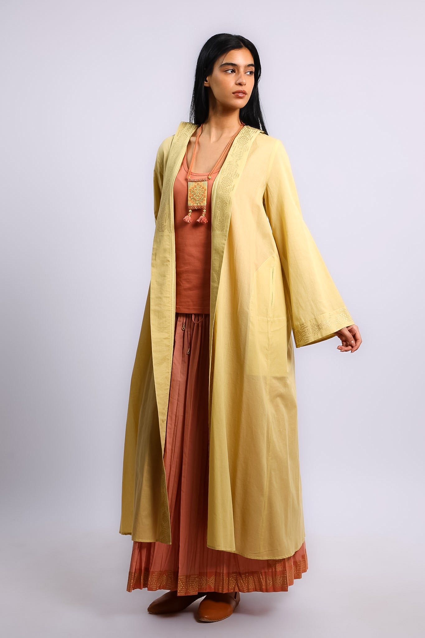 Golden Motif Hooded Cotton Voile Long Coat